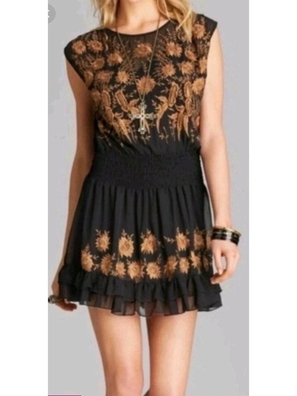 Free People Garden In Bloom Embroidered Mini Dress Sheer Black Gold Medium